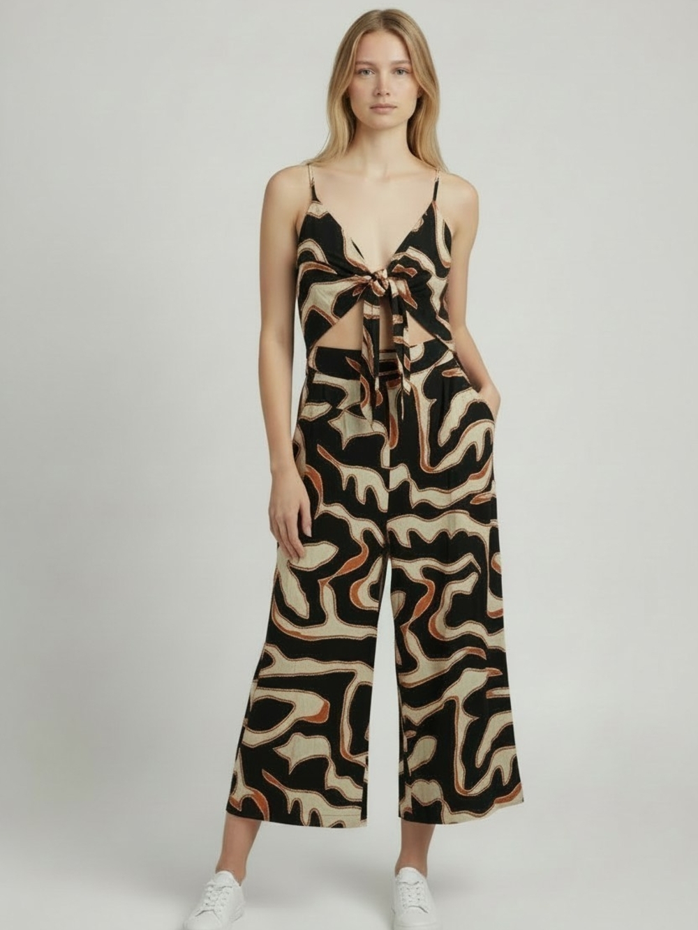 NWT Express Abstract Swirl Cutout Tie Front Wide Leg Jumpsuit Boho Sz XLarge